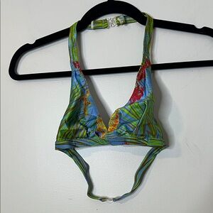 Tropical Print Halter Bikini Top - Blue & Green